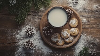 Poster - Rustic Christmas setting with milk and cookies for Santa surrounded by pinecones and snow on a wooden table backdrop
