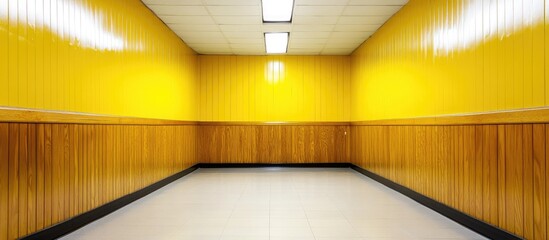 Aufkleber - Empty room with tiled floor featuring pine wood paneling and vibrant yellow walls ideal for interior design or renovation concepts