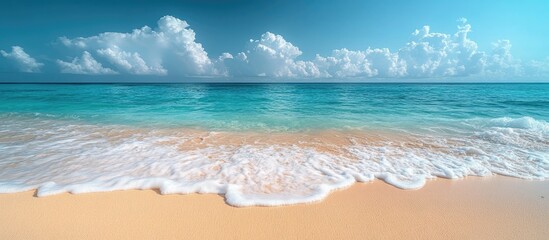 Aufkleber - Tranquil beach panorama with clear turquoise waters and soft white sand inviting relaxation and joyful vacation moments under a bright sky