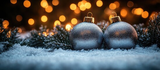 Poster - Silver Christmas ornaments on snow with a blurred tree and festive lights creating a warm atmosphere for holiday celebrations and greetings.