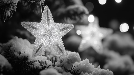 Poster - Star-shaped light decoration glowing in the night with blurred background creating a wintery, festive atmosphere in black and white.