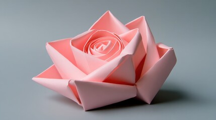 Poster - Pink origami rose artistry showcasing intricate folds and details against a minimalist gray background for a serene aesthetic.