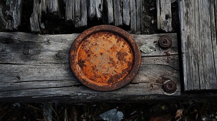 Poster - Rusty vintage plate resting on weathered wooden surface showcasing texture and color contrasts in an outdoor setting
