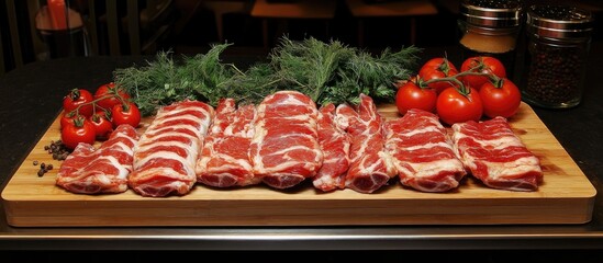 Poster - Organized wooden table displaying an assortment of raw meat alongside fresh tomatoes and herbs ready for meal preparation