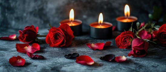Aufkleber - Red rose petals and lit black candles on textured grey surface romantic atmosphere with space for text and selective focus on flowers