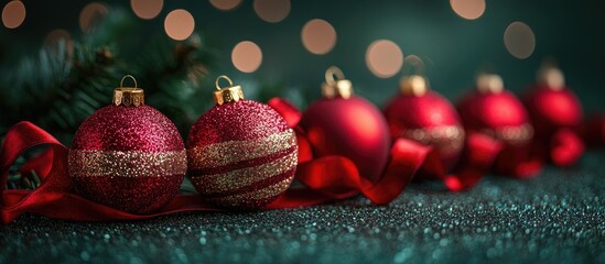 Poster - red and gold christmas ornaments with ribbon on festive green background creating a warm holiday atm