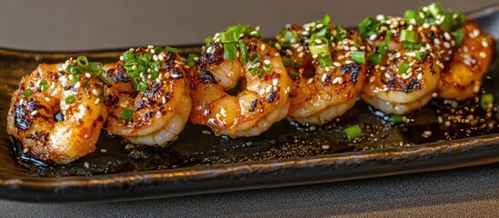 Poster - Teppanyaki Shrimp Garnished with Green Onions and Sesame Seeds on a Black Plate Delicious Seafood Dish Perfect for Culinary Promotions