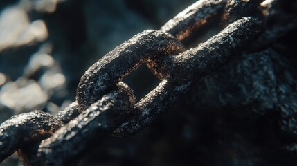 Poster - Rusty metal chain resting on weathered stone surface reflecting light in an industrial or abandoned environment
