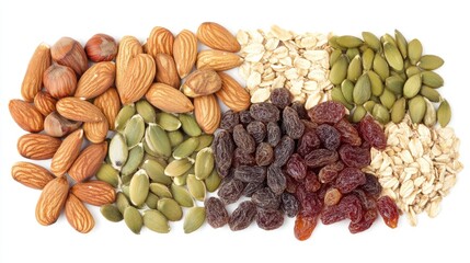 Poster - Assorted organic seeds nuts and dried fruits on a white background promoting healthy eating and nutrition concepts with natural ingredients