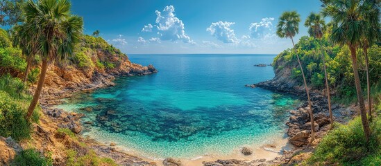 Aufkleber - Scenic view of Promthep Cape featuring palm trees and a serene turquoise ocean under a bright blue sky