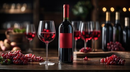 Poster - Elegant red wine glass and bottle with a backdrop of grapes and a warm ambiance ideal for culinary and lifestyle themes.