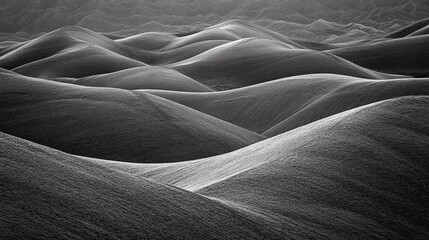 Poster - Monochromatic landscape of undulating sand dunes forming soft curves in a serene desert environment with subtle light and shadow contrasts.