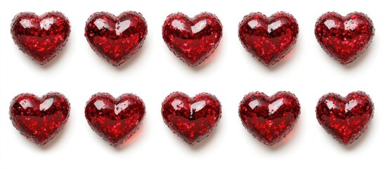 Poster - Glittery red hearts arranged in a row on a white background ideal for romantic themes and celebrations