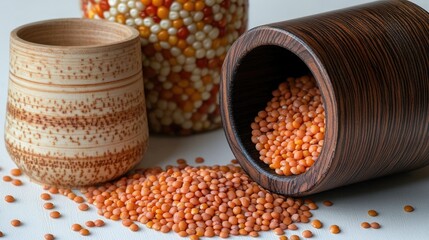 Poster - Lentils and corn displayed in wooden vessels showcasing vibrant colors and textures in a still life arrangement on a white background