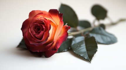 Aufkleber - Elegant red rose with vibrant petals and green leaves isolated on a soft white background for floral design and romantic themes.