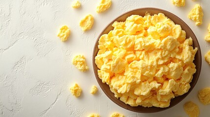 Aufkleber - Scrambled eggs in a brown bowl on a white background with scattered pieces for a top view culinary composition.