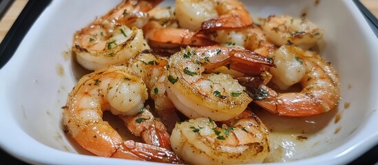 Poster - Garlic Butter Shrimp Dish Garnished with Fresh Herbs in White Serving Bowl