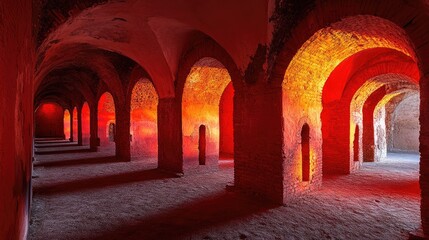 Poster - Historic red brick archway interior illuminated by warm light creating an atmospheric backdrop for architectural designs and artistic projects.