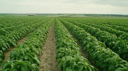 Aufkleber - Potato Field with Green Leaves and Agricultural Landscape Lush Rows of Crops Need Protection from Insects and Beetles