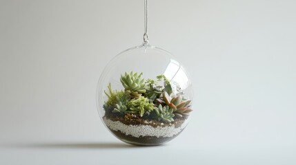 Fototapete - Pendant terrarium featuring diverse succulents elegantly arranged inside a glass sphere on a minimalistic white background.