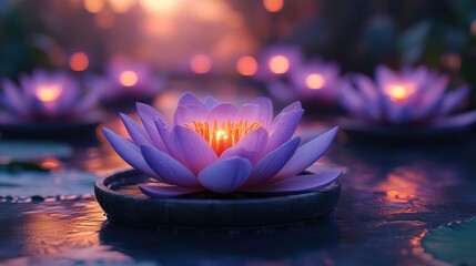 Poster - Purple lotus flowers blooming in pots with glowing candles create a serene morning ambiance over tranquil water reflections.
