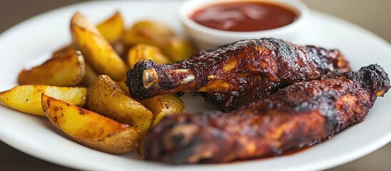 Aufkleber - Savory roasted chicken drumsticks with golden potatoes and rich barbecue sauce on a white plate