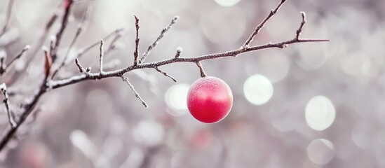 Aufkleber - Vibrant red ornament hanging on a snowy tree branch with soft bokeh background creating a serene winter atmosphere