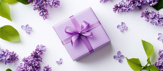 Aufkleber - Purple gift box surrounded by lilac flowers and green leaves on a bright white background creating an elegant and festive atmosphere