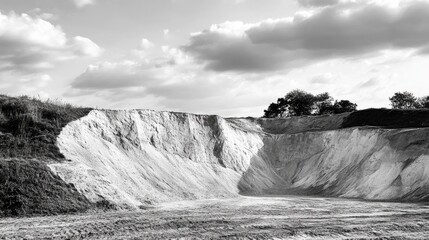 Poster - Sand dunes in a desolate abandoned quarry under dramatic clouds in black and white photography showcasing natural erosion patterns