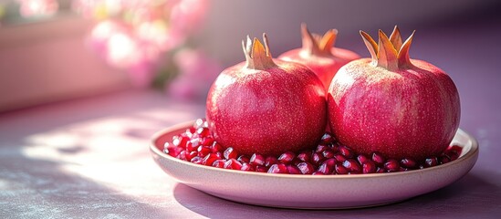 Aufkleber - Vibrant pomegranate seeds arranged on an apple-shaped plate complemented by a soft violet background and blurred floral elements