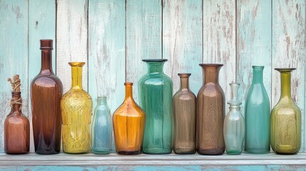 Poster - Collection of muted colored glass bottles displayed against a blue weathered wooden background showcasing vintage aesthetics and textures