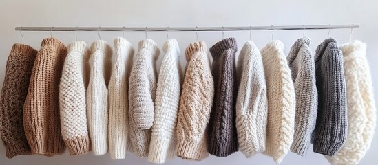 Poster - Sweater rack showcasing a variety of knitted textures and colors against a light background ideal for fashion or textile advertising.