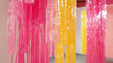 Poster - Colorful strands of pink and yellow translucent thread hanging from above in an artistic display, creating a vibrant and dynamic atmosphere, abstract art, textile design, modern installation.