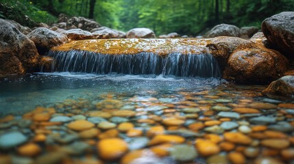Aufkleber - Tranquil river scene with colored stones and gentle waterfall surrounded by lush forest greenery and natural hot springs.