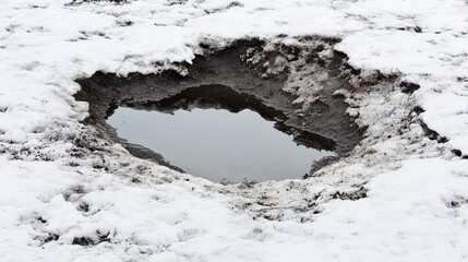 Poster - Frozen pit with water surrounded by snow and winter landscape reflecting nature's stark beauty and tranquility.