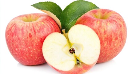 Aufkleber - Fresh ripe apples with green leaves on a white background showcasing vibrant red skin and a sliced apple revealing juicy interior.