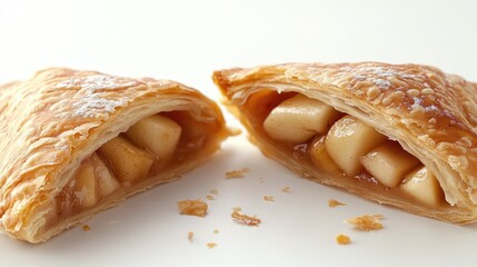 Poster - Puff pastry apple turnover sliced open to showcase juicy apple filling on a clean white background in a professional studio setting