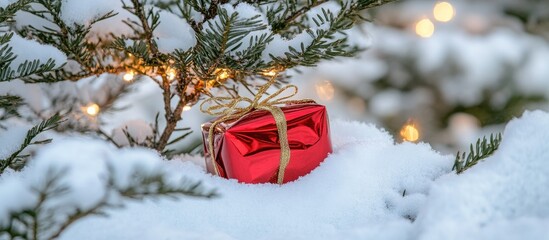 Poster - Red gift box nestled in snow-covered fir tree with twinkling lights creating a festive winter surprise atmosphere