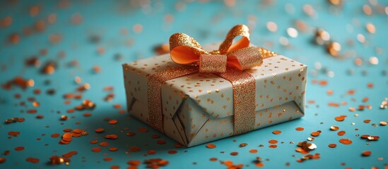 Aufkleber - Festive gift box with orange ribbon on mint backdrop surrounded by shiny confetti creating a cheerful holiday atmosphere in flat lay style