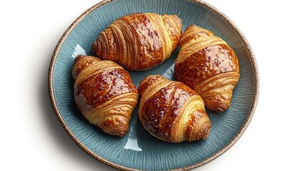 Poster - Freshly baked croissants on a blue plate with jam isolated on white background perfect for breakfast or bakery related content