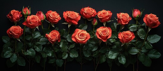 Poster - Elegant red roses arranged on a dark background perfect for greeting cards and floral designs showcasing beauty and sophistication.