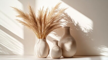 Poster - Minimalist decor featuring beige vases and pampas grass with soft sunlight and shadows against a light wall creating a serene atmosphere