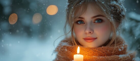 Aufkleber - Enchanting woman in snowy forest holding candle radiating warmth against a serene winter landscape with soft bokeh lights.