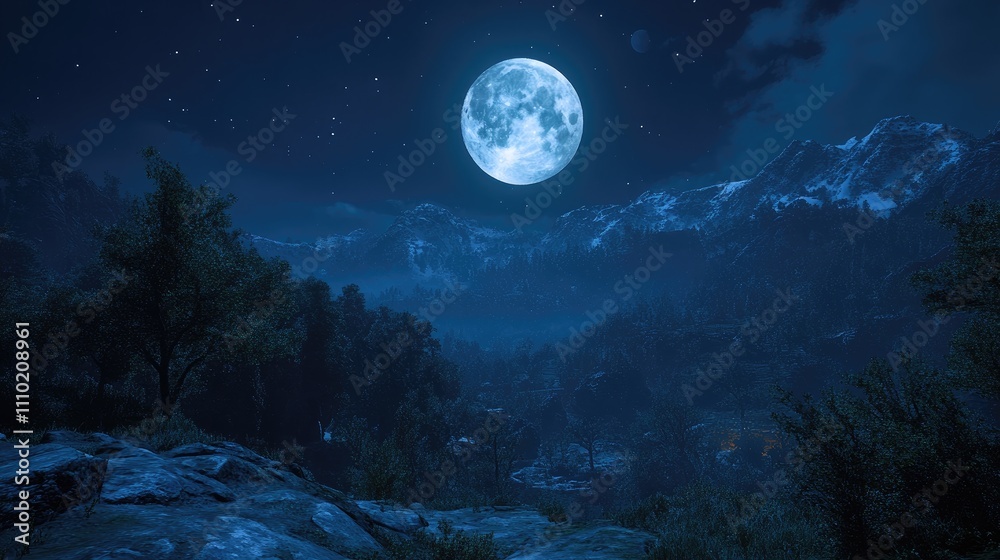 Serene nighttime landscape featuring a full moon illuminating mountains ...