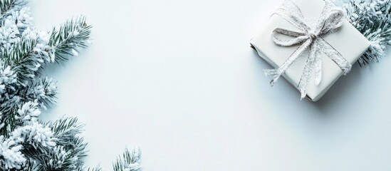 Poster - Winter scenery with snow-covered branches and a gift box creating a serene holiday atmosphere with ample copy space for text.
