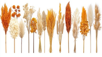 Poster - Decorative Dry Flower Arrangement in Warm Tones on White Background Ideal for Banner and Design Projects