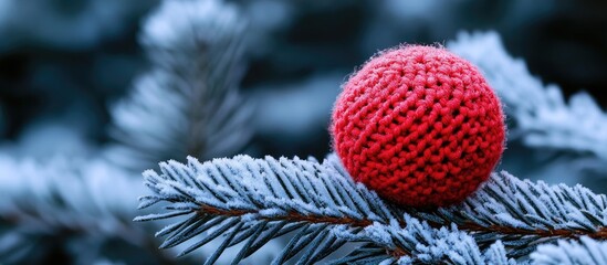 Aufkleber - Red knitted toy ball on snowy pine branch illuminated by winter sunlight creating a cozy seasonal atmosphere in a serene outdoor setting