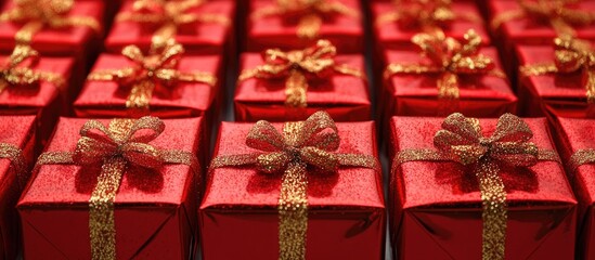 Poster - Christmas Gift Boxes with Red Wrapping and Gold Ribbons Creating a Festive Holiday Atmosphere Ready for Celebrations