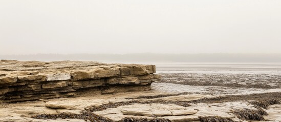 Aufkleber - Rock formations exposed by low tide during a cloudy morning with distant rain obscuring natural light at the beach coastline