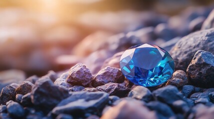 Poster - Blue sapphire gemstone resting on rocky terrain illuminated by warm sunlight in a tranquil outdoor setting.